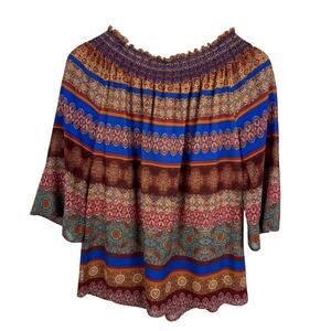 NWT Rose + Olive Womens‎ Multicolor Boho Abstract Off the Shoulder Blouse Sz S